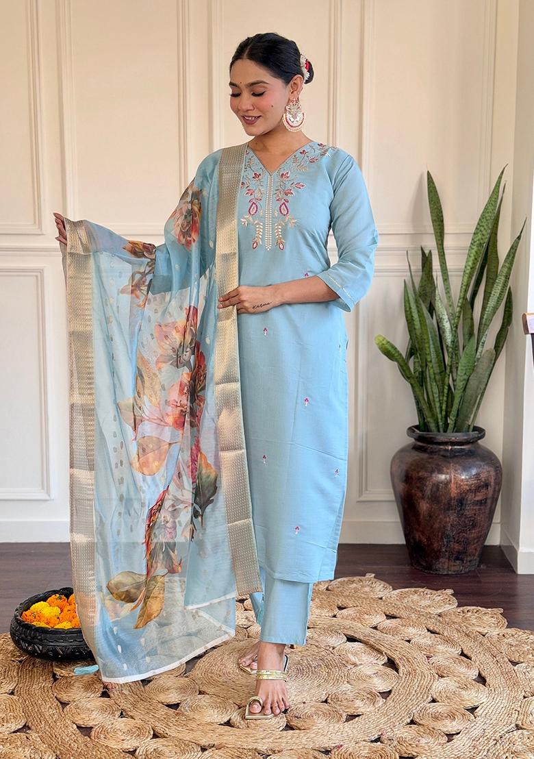Sky Blue Embroidered Chanderi Kurta Set