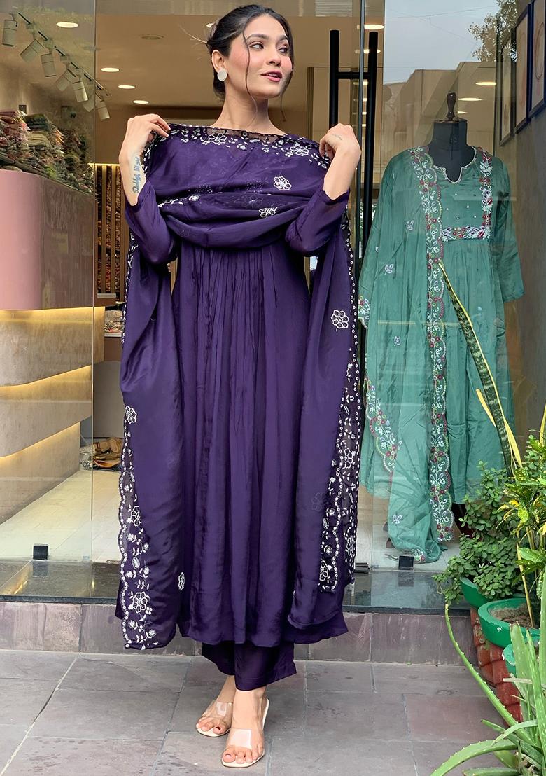 Purple Embroidered Chanderi Kurta Set