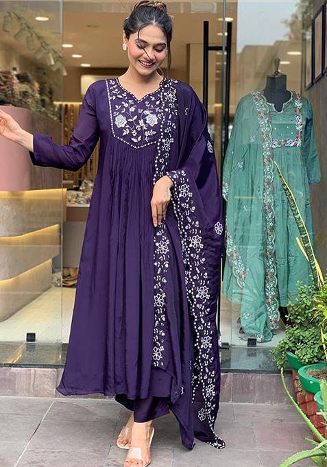 Purple Embroidered Chanderi Kurta Set