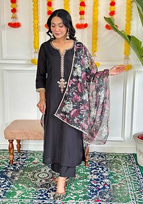 Black Embroidered Cotton Kurta Set