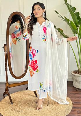 Off White Embroidered Cotton Kurta Set