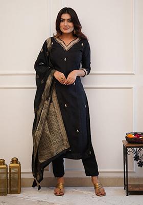 Black Embroidered Chanderi Kurta Set
