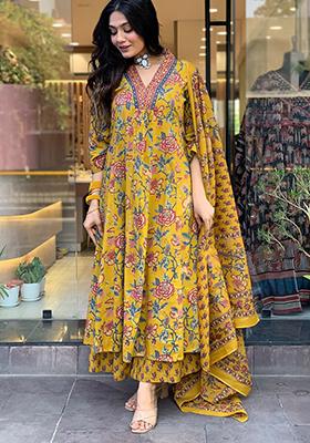 Yellow Embroidered Cotton Kurta Set