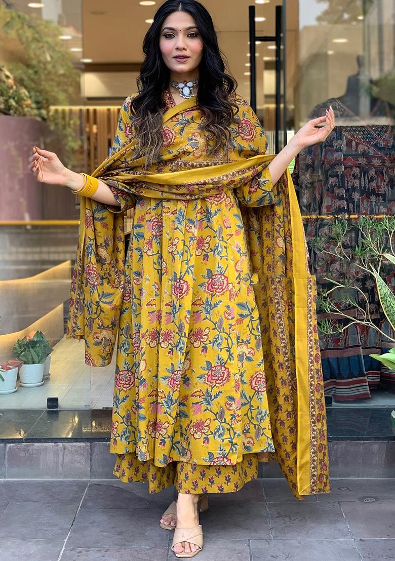 Yellow Embroidered Cotton Kurta Set