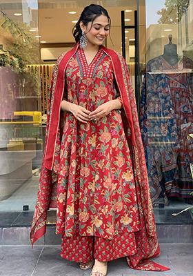 Red Embroidered Cotton Kurta Set