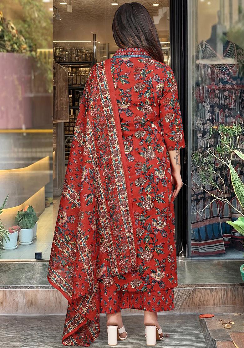 Red Embroidered Cotton Kurta Set