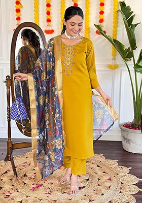 Mustard Embroidered Chanderi Kurta Set
