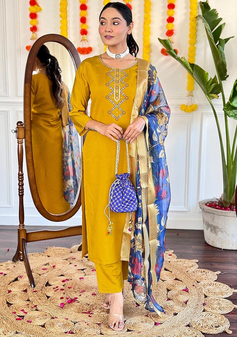 Mustard Embroidered Chanderi Kurta Set