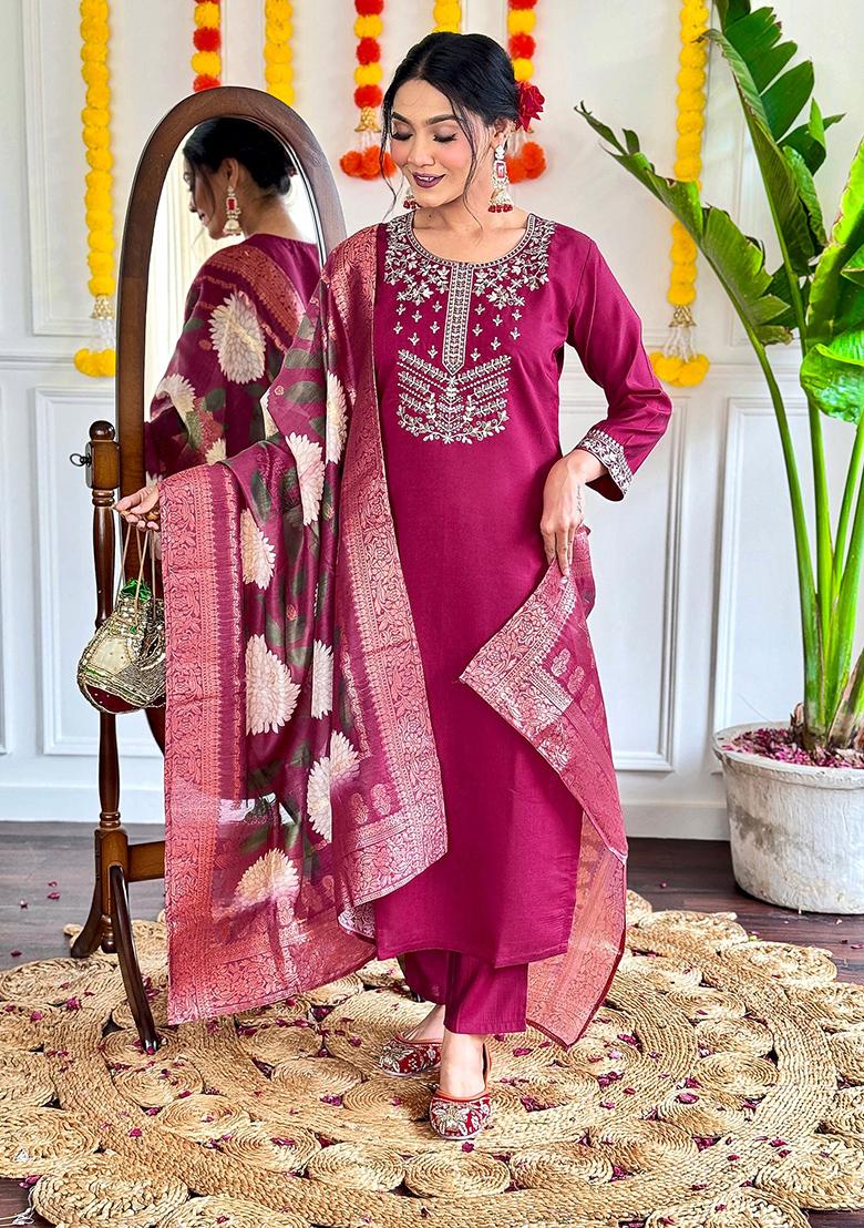 Maroon Embroidered Chanderi Kurta Set