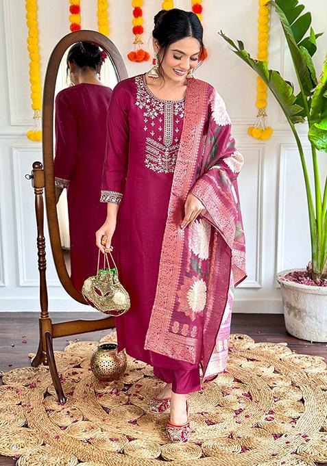 Maroon Embroidered Chanderi Kurta Set