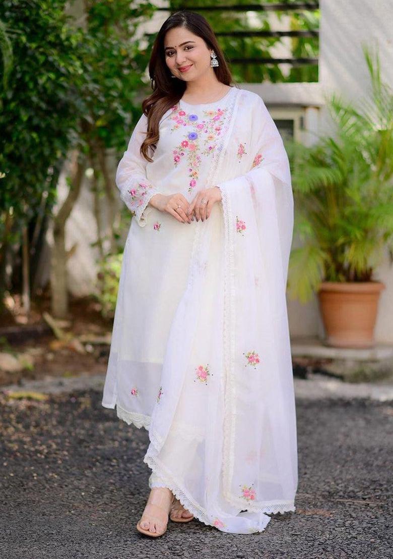 White Embroidered Georgette Kurta Set