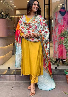 Mustard Embroidered Chanderi Kurta Set