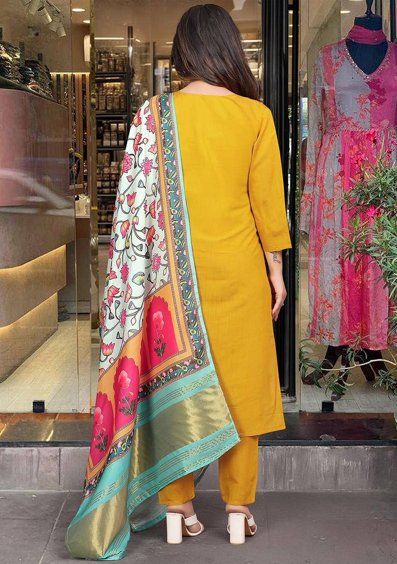 Mustard Embroidered Chanderi Kurta Set