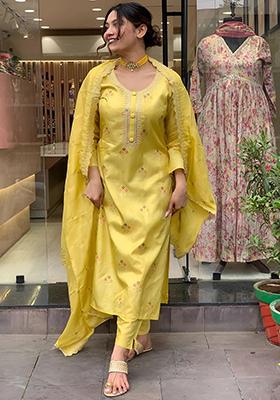 Yellow Embroidered Jacquard Kurta Set