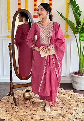 Peach Embroidered Chanderi Kurta Set