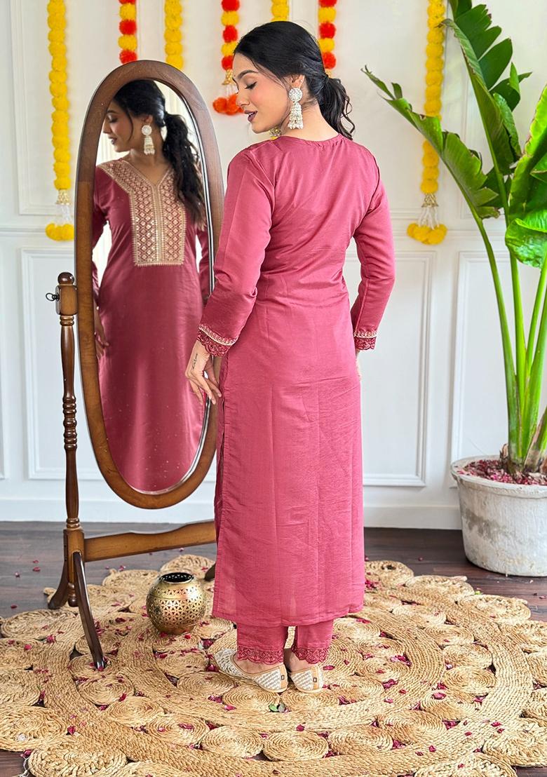 Peach Embroidered Chanderi Kurta Set