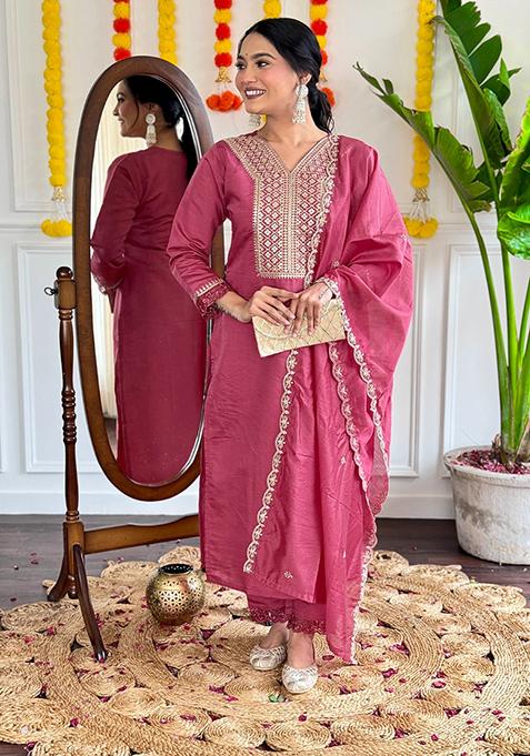 Peach Embroidered Chanderi Kurta Set