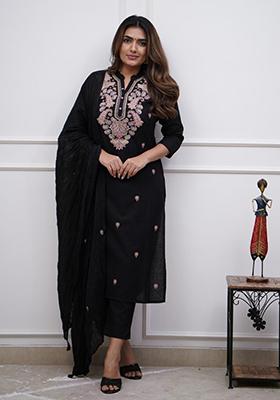 Black Embroidered Chanderi Kurta Set