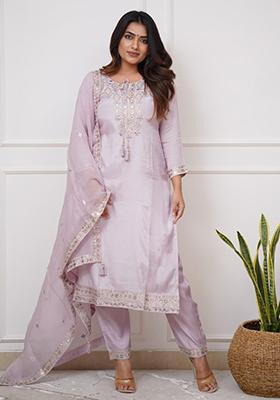 Lavender Embroidered Chanderi Kurta Set