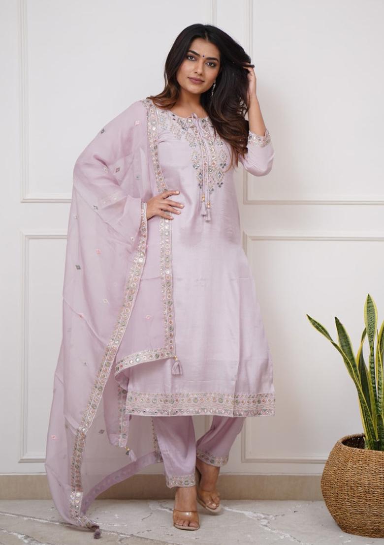 Lavender Embroidered Chanderi Kurta Set