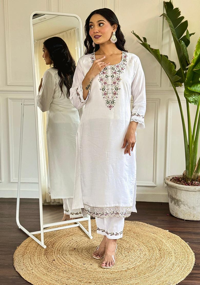 Off White Embroidered Chanderi Kurta Set