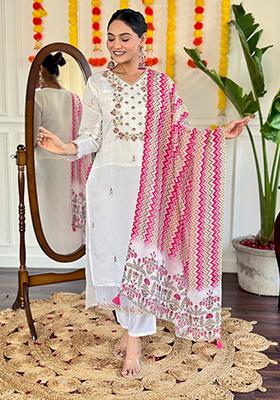Off White Embroidered Chanderi Kurta Set