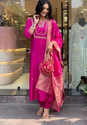 Pink Embroidered Chanderi Kurta Set