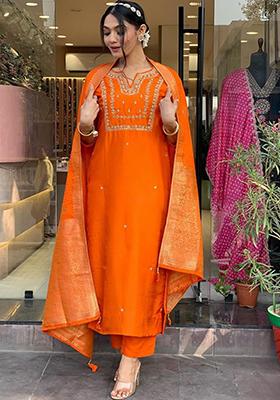 Orange Embroidered Chanderi Kurta Set
