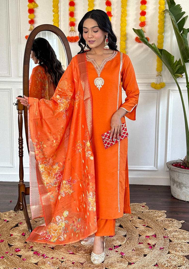 Orange Embroidered Chanderi Kurta Set