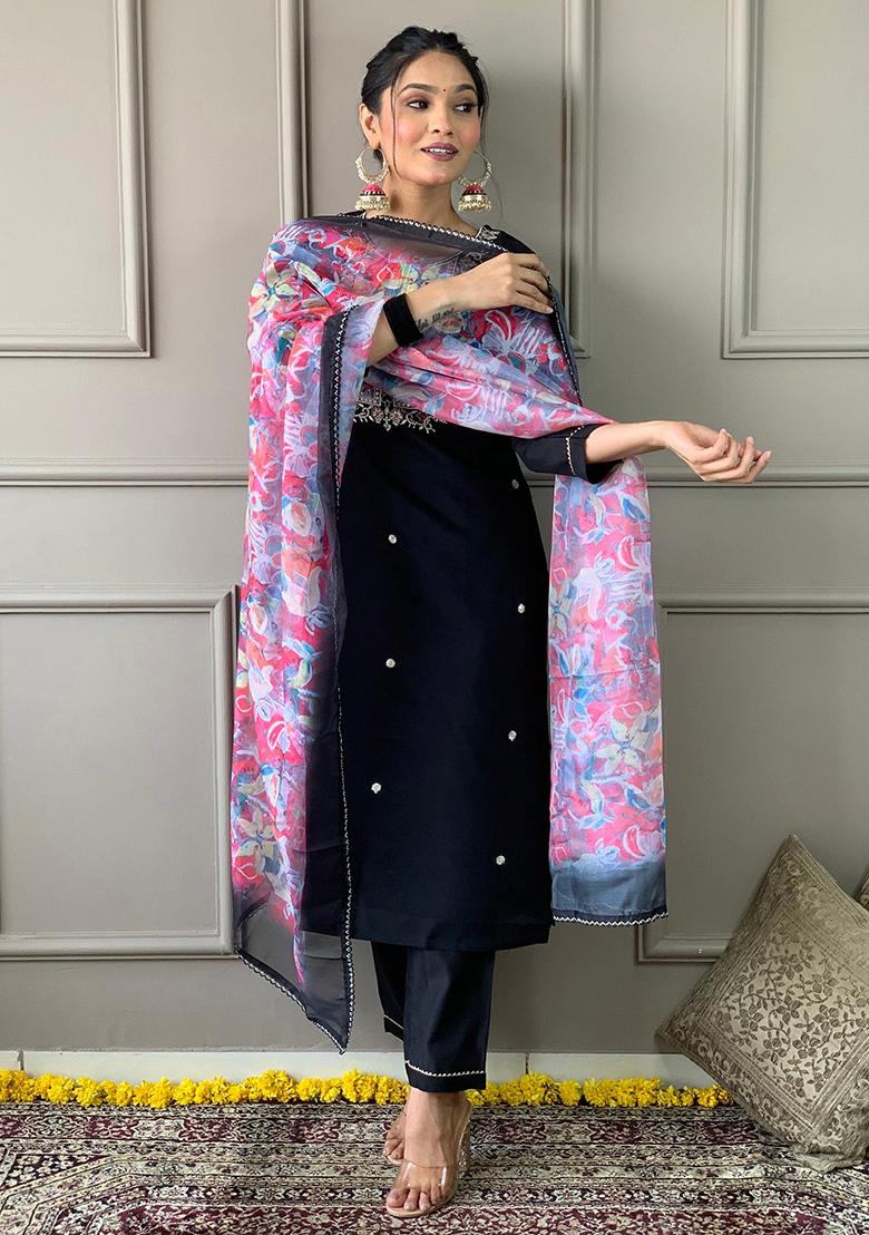 Black Embroidered Rayon Kurta Set
