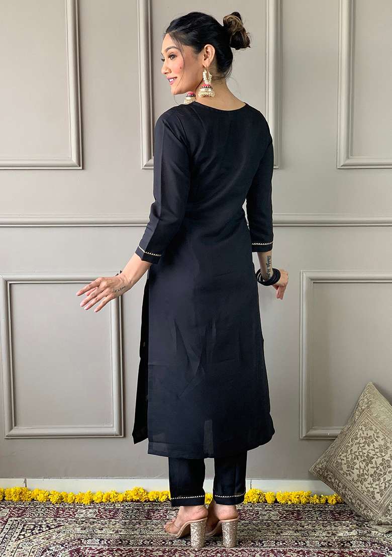 Black Embroidered Rayon Kurta Set - Indya