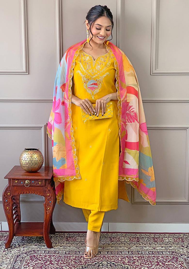 Yellow Embroidered Cotton Kurta Set