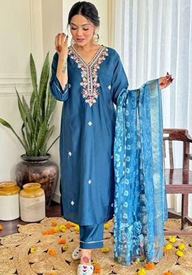 Blue Embroidered Cotton Kurta Set