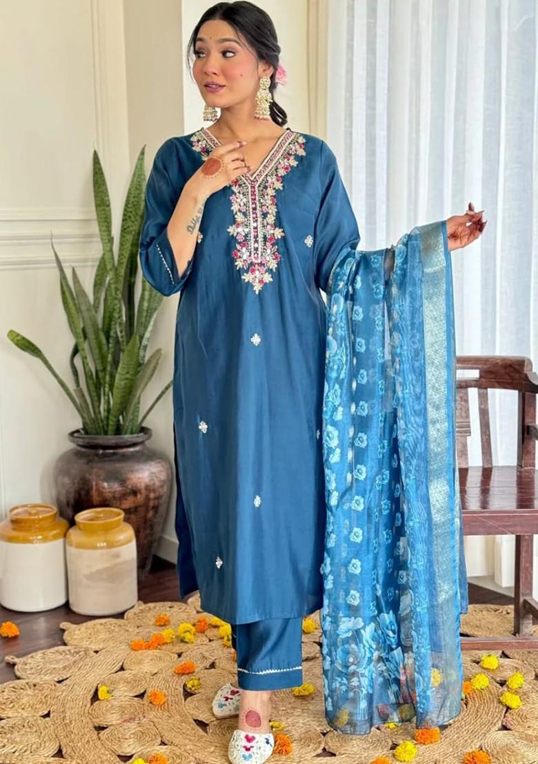 Blue Embroidered Cotton Kurta Set