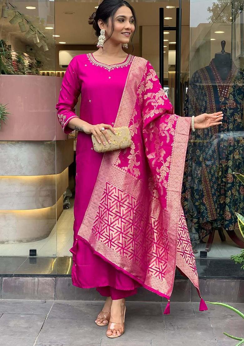Pink Embroidered Cotton Kurta Set