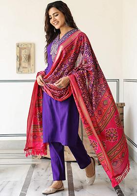 Purple Embroidered Cotton Kurta Set