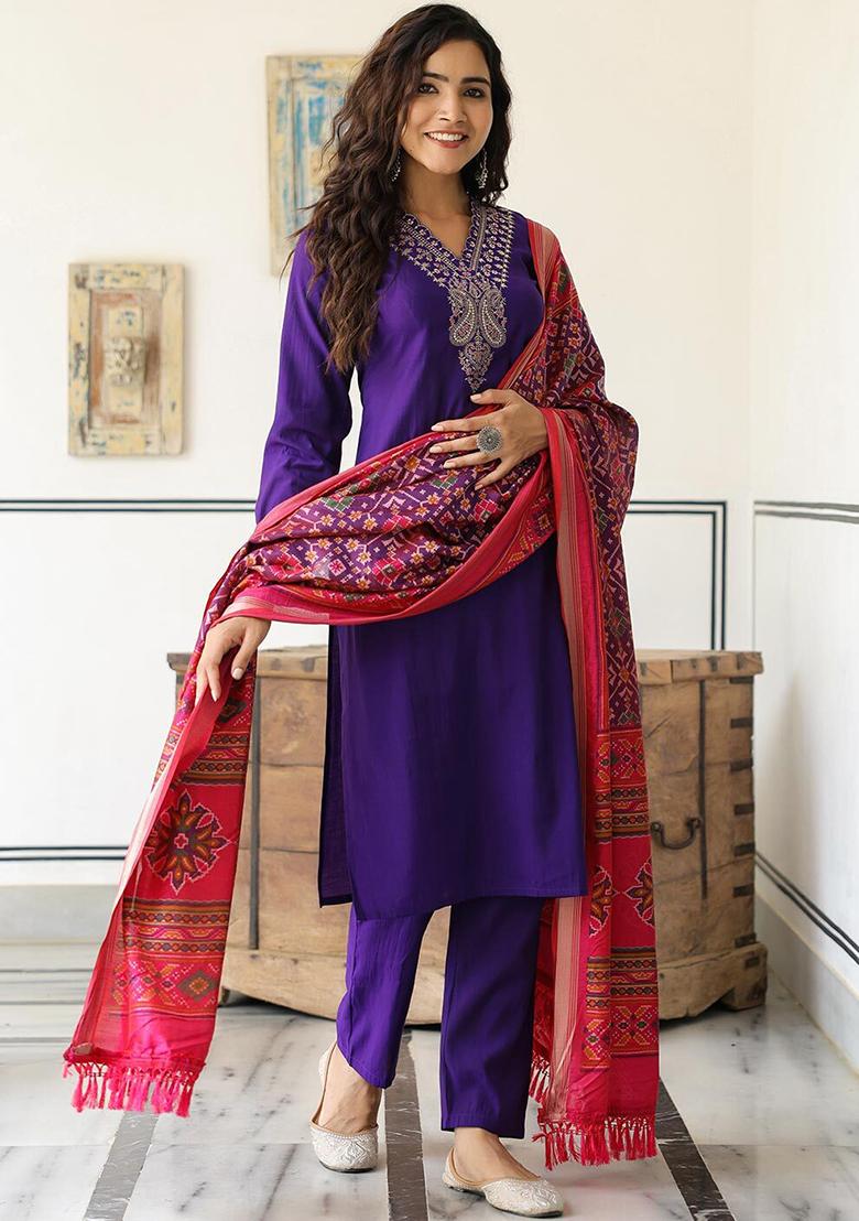 Purple Embroidered Cotton Kurta Set