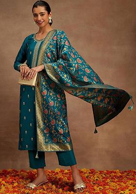 Teal Embroidered Cotton Kurta Set