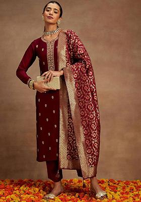 Magenta Embroidered Cotton Kurta Set