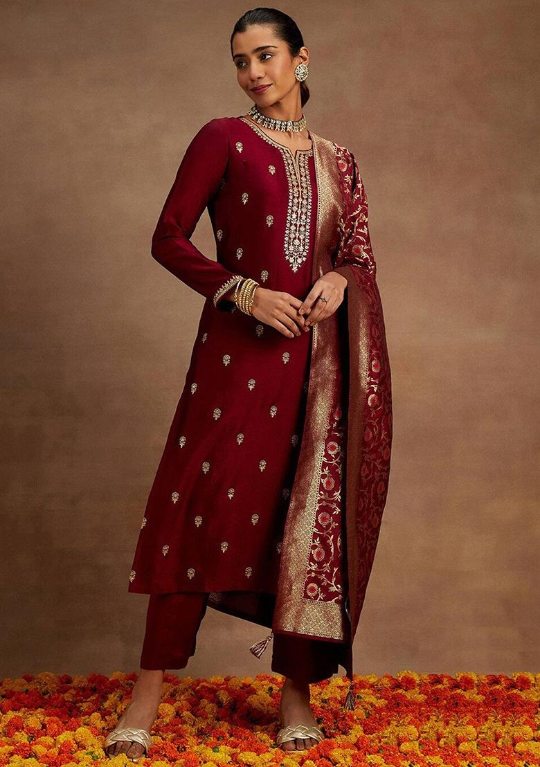 Magenta Embroidered Cotton Kurta Set