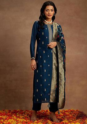 Blue Embroidered Cotton Kurta Set