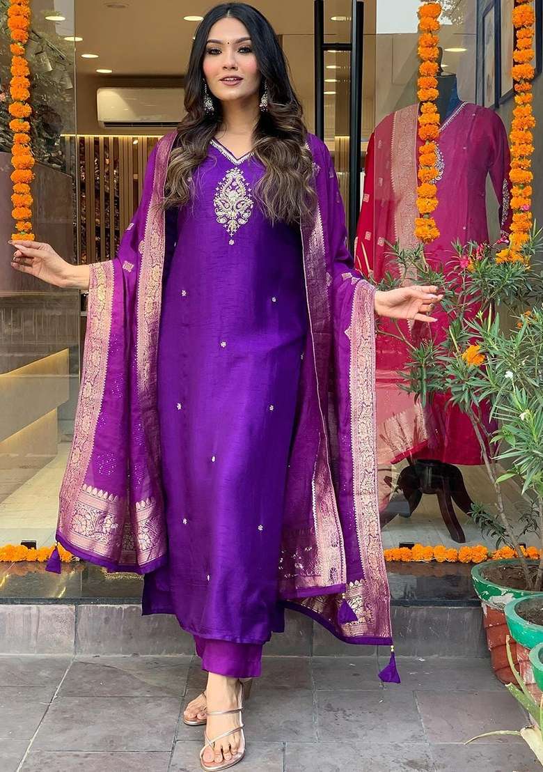 Purple Embroidered Cotton Straight Kurta Set - Indya
