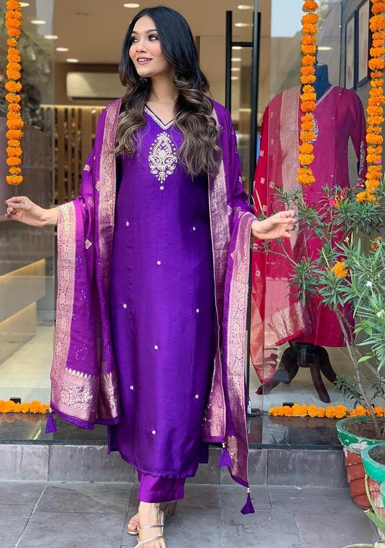 Purple Embroidered Cotton Kurta Set