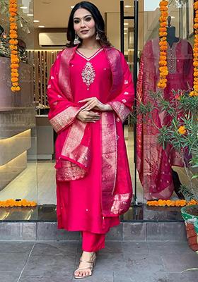 Pink Embroidered Cotton Kurta Set