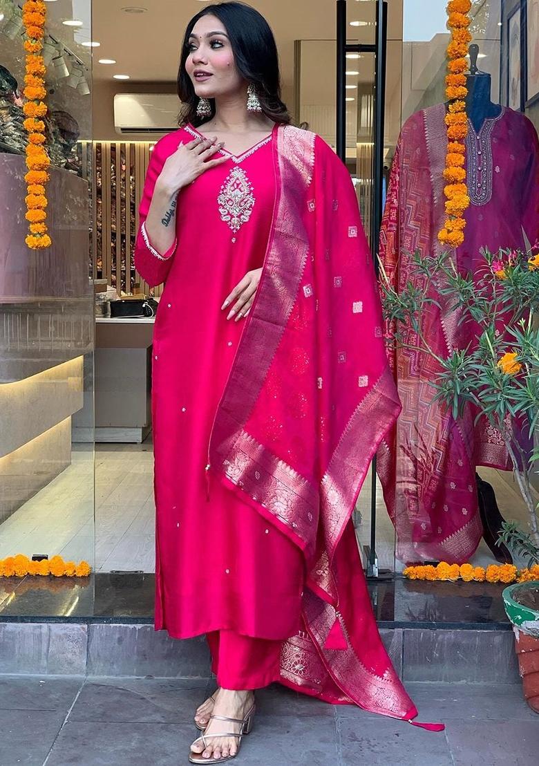 Pink Embroidered Cotton Kurta Set