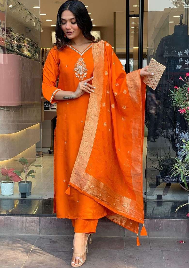 Orange Embroidered Cotton Straight Kurta Set - Indya