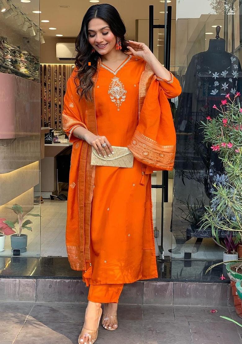 Orange Embroidered Cotton Kurta Set