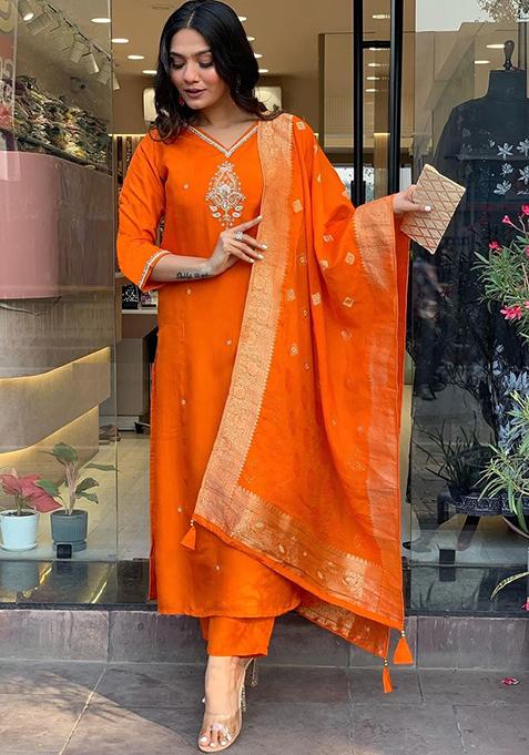 Orange Embroidered Cotton Kurta Set