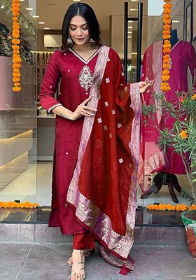 Maroon Embroidered Cotton Kurta Set