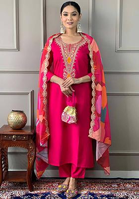 Rani Pink Embroidered Cotton Kurta Set